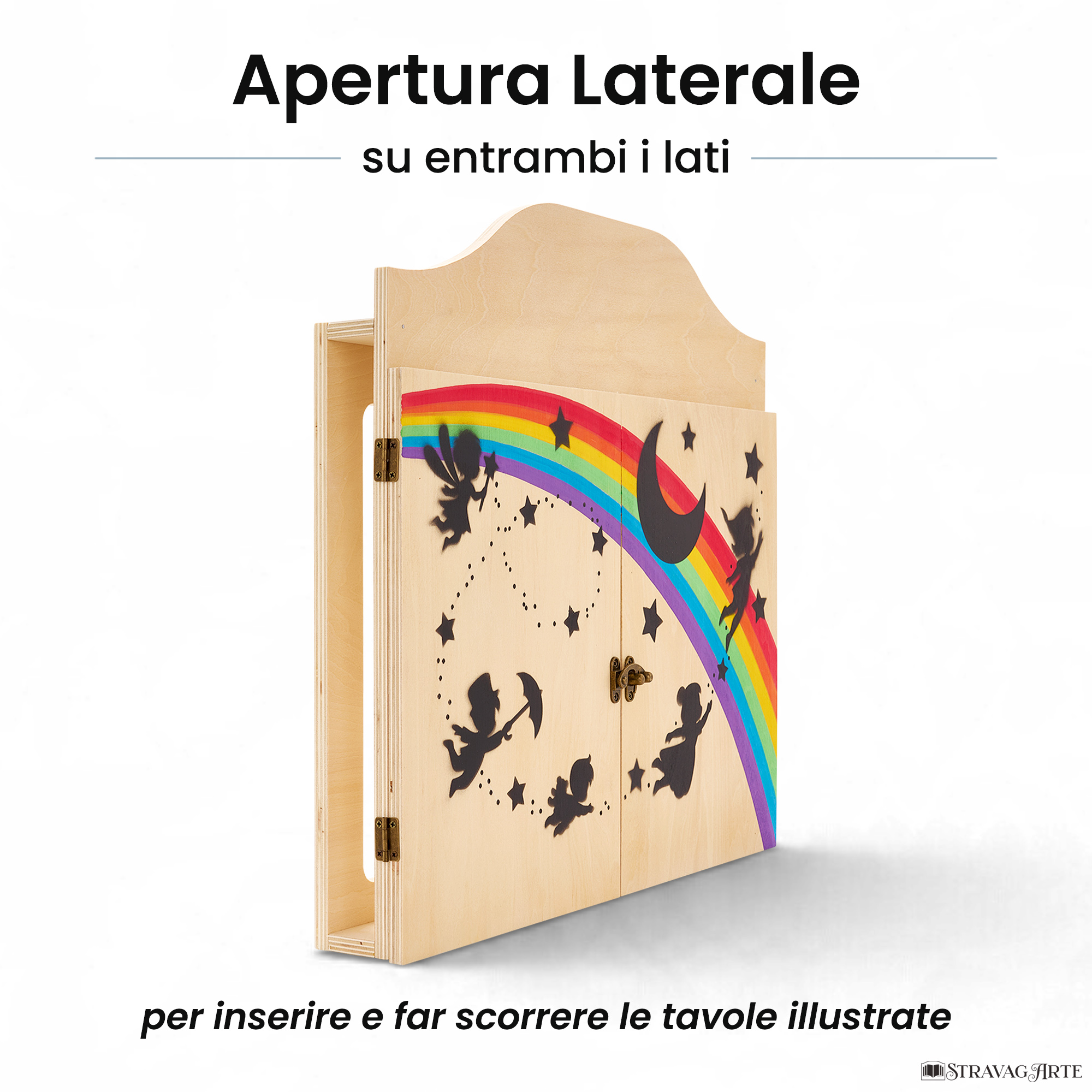 Teatrino kamishibai personalizzato A3 LN02 legno naturale tema bambini in volo con apertura laterale su entrambi i lati StravagArte