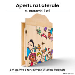 Teatrino kamishibai personalizzato A3 LN05 legno naturale tema bambini sopra e sotto con apertura laterale su entrambi i lati StravagArte