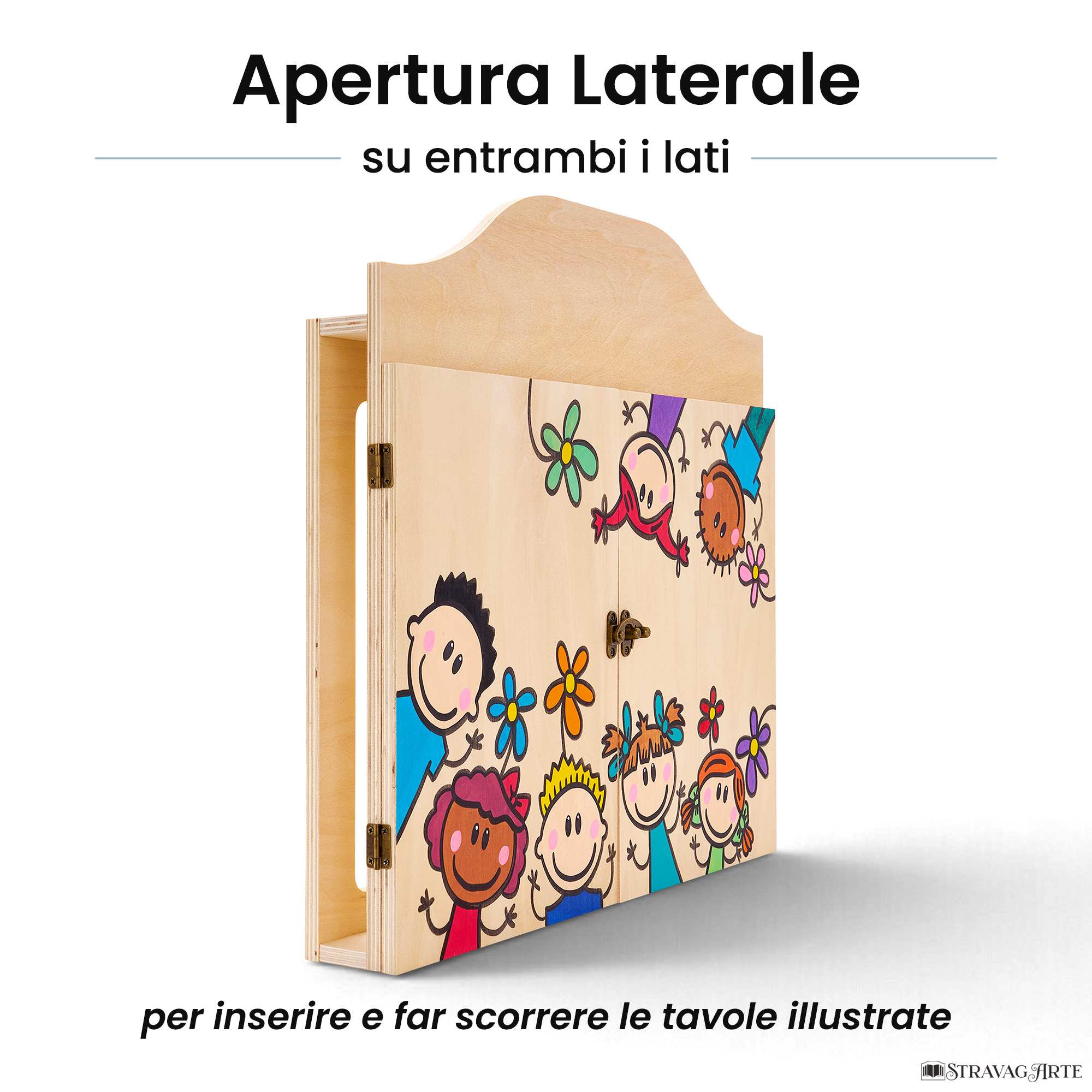 Teatrino kamishibai personalizzato A3 LN05 legno naturale tema bambini sopra e sotto con apertura laterale su entrambi i lati StravagArte