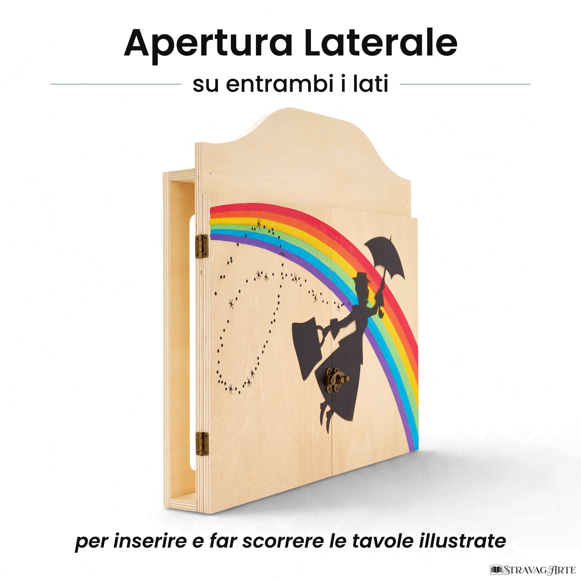 Teatrino kamishibai personalizzato A3 LN06 legno naturale tema maestra con ombrello in volo con apertura laterale su entrambi i lati StravagArte