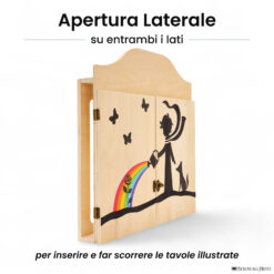 Teatrino kamishibai personalizzato A3 LN07 legno naturale tema bambino che annaffia la rosa con volpe con apertura laterale su entrambi i lati StravagArte