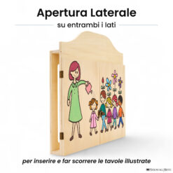 Teatrino kamishibai personalizzato A3 LN08 legno naturale tema maestra che annaffia i bambini con apertura laterale su entrambi i lati StravagArte