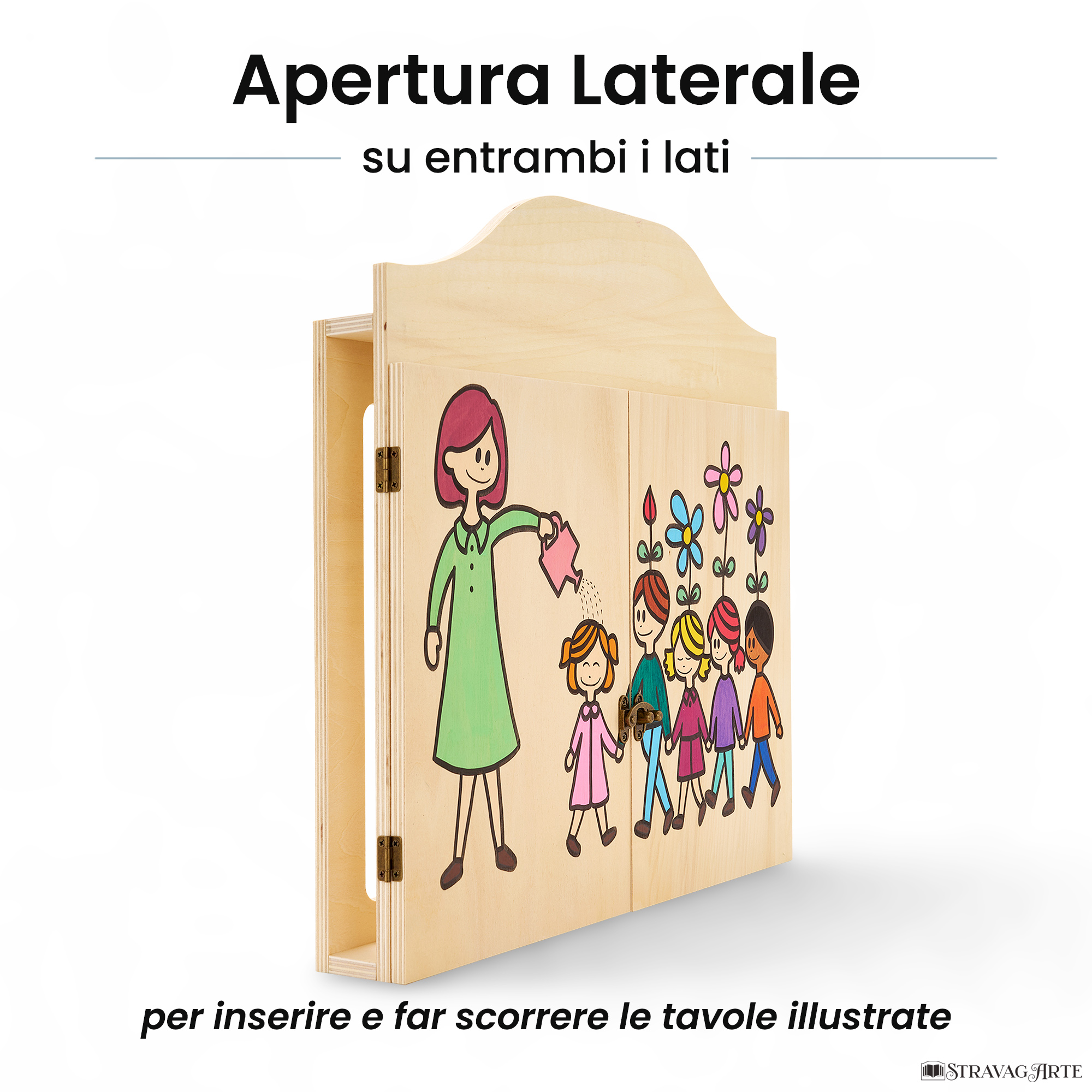 Teatrino kamishibai personalizzato A3 LN08 legno naturale tema maestra che annaffia i bambini con apertura laterale su entrambi i lati StravagArte
