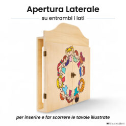 Teatrino kamishibai personalizzato A3 LN09 legno naturale tema bambini in cerchio con apertura laterale su entrambi i lati StravagArte