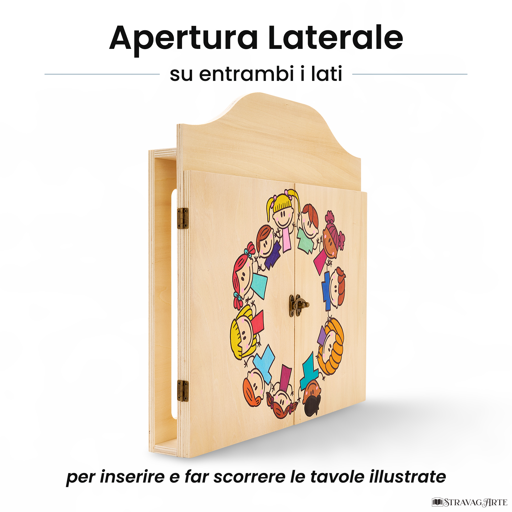 Teatrino kamishibai personalizzato A3 LN09 legno naturale tema bambini in cerchio con apertura laterale su entrambi i lati StravagArte