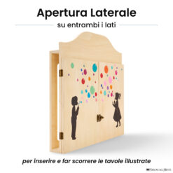 Teatrino kamishibai personalizzato A3 LN15 legno naturale tema bambini che soffiano bolle colorate con apertura laterale su entrambi i lati StravagArte