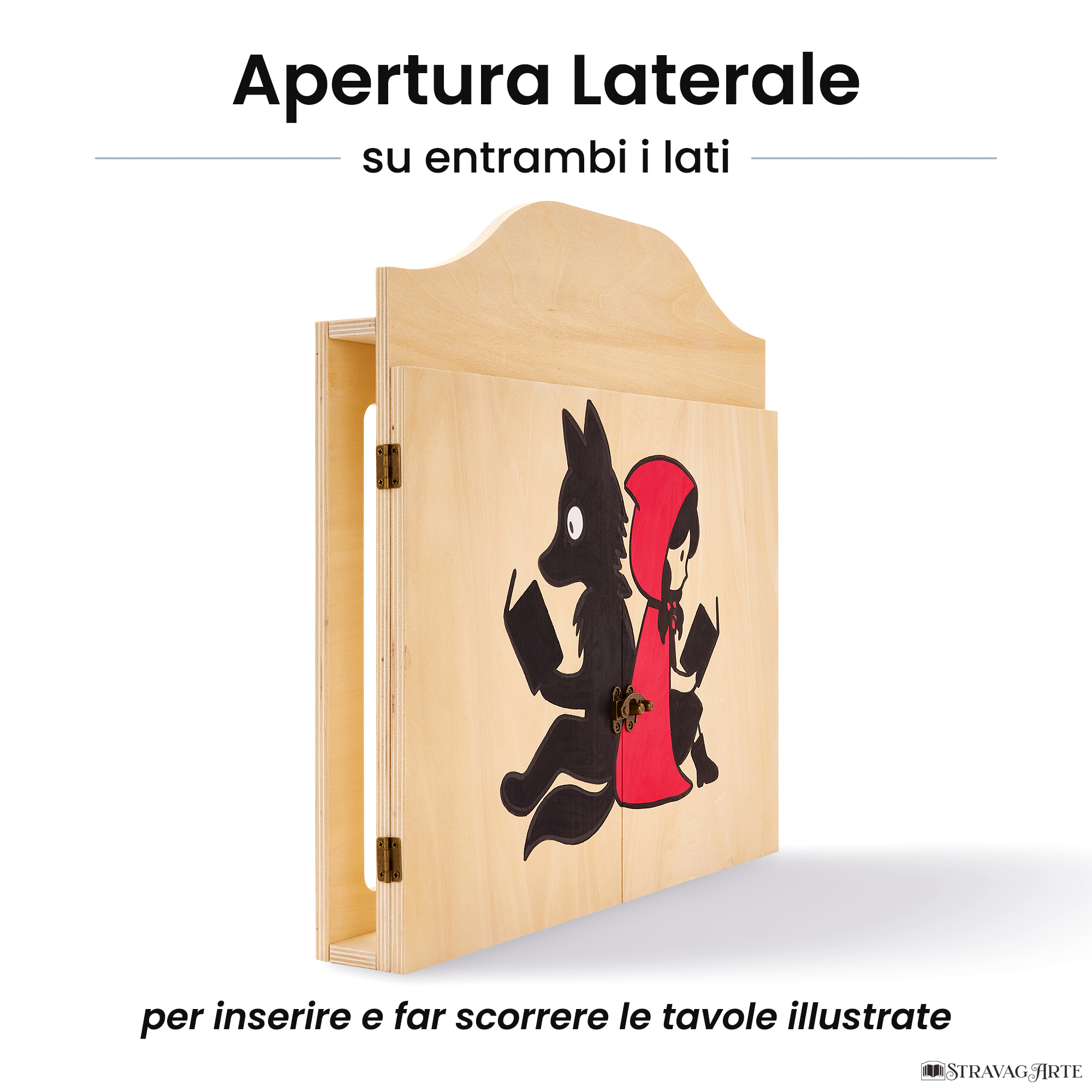Teatrino kamishibai personalizzato A3 LN16 legno naturale tema lupo e cappuccetto rosso che leggono un libro con apertura laterale su entrambi i lati StravagArte