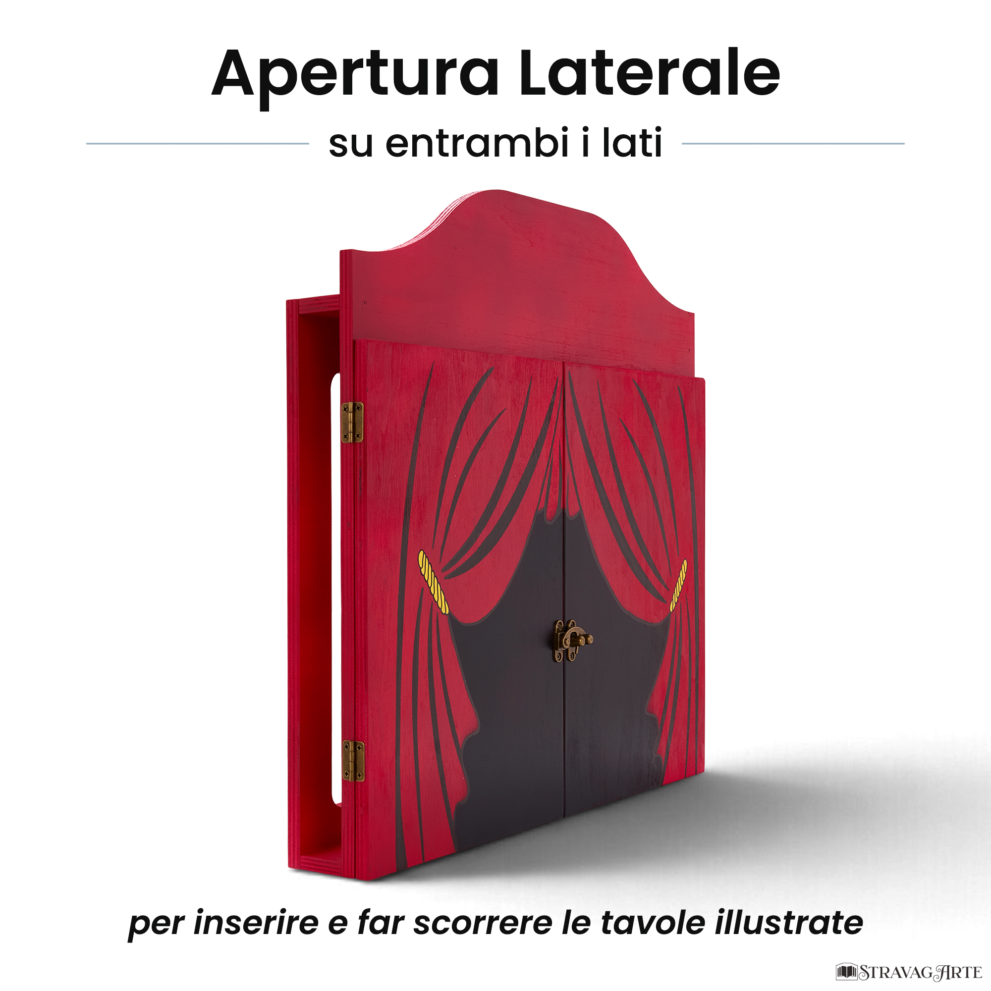 Teatrino kamishibai personalizzato A3 RR11 rosso rubino tema sipario con apertura laterale su entrambi i lati StravagArte