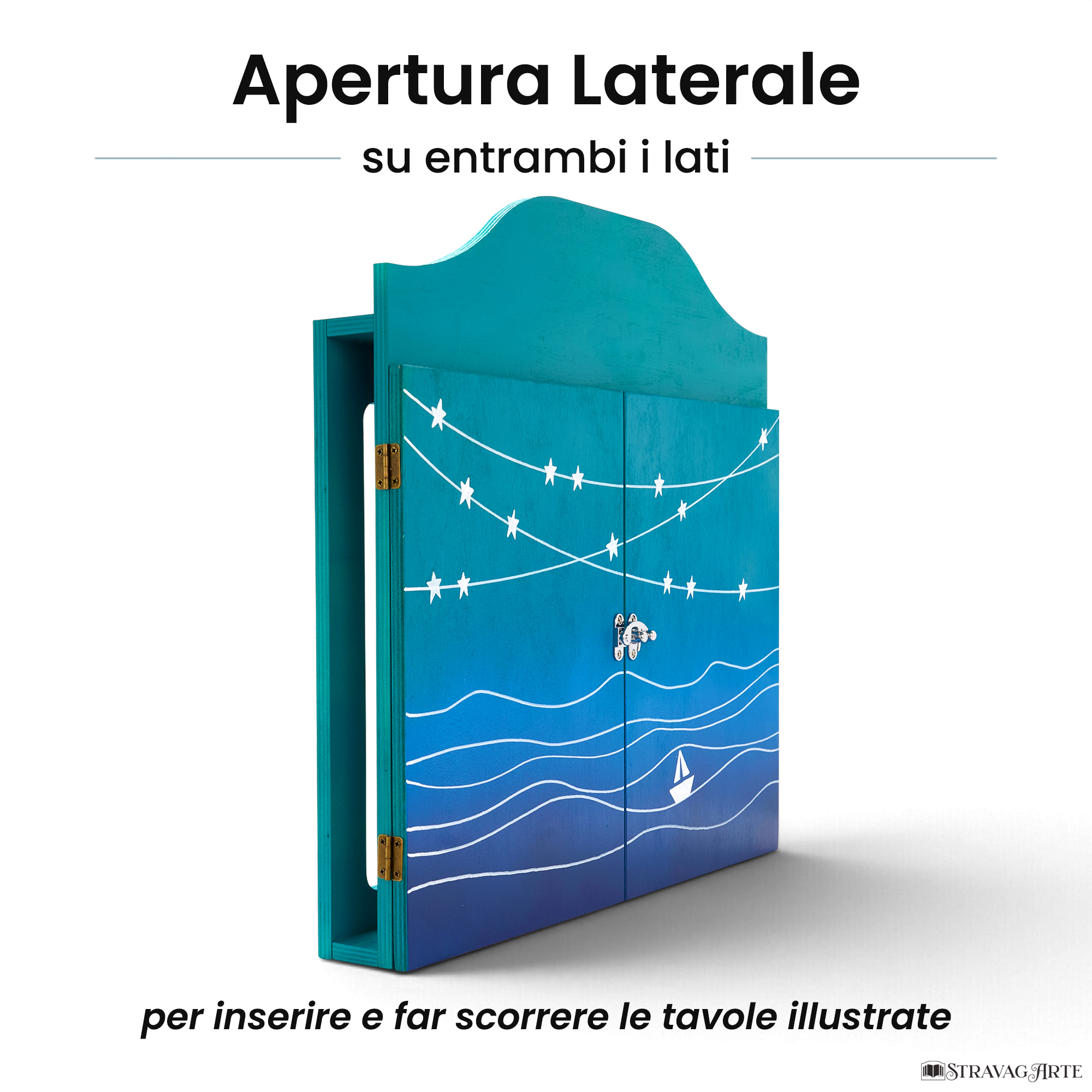 Teatrino kamishibai personalizzato A3 TU01 turchese tema mare, barchetta e stelle con apertura laterale su entrambi i lati StravagArte