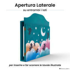 Teatrino kamishibai personalizzato A3 TU02 turchese tema bambini in volo con apertura laterale su entrambi i lati StravagArte