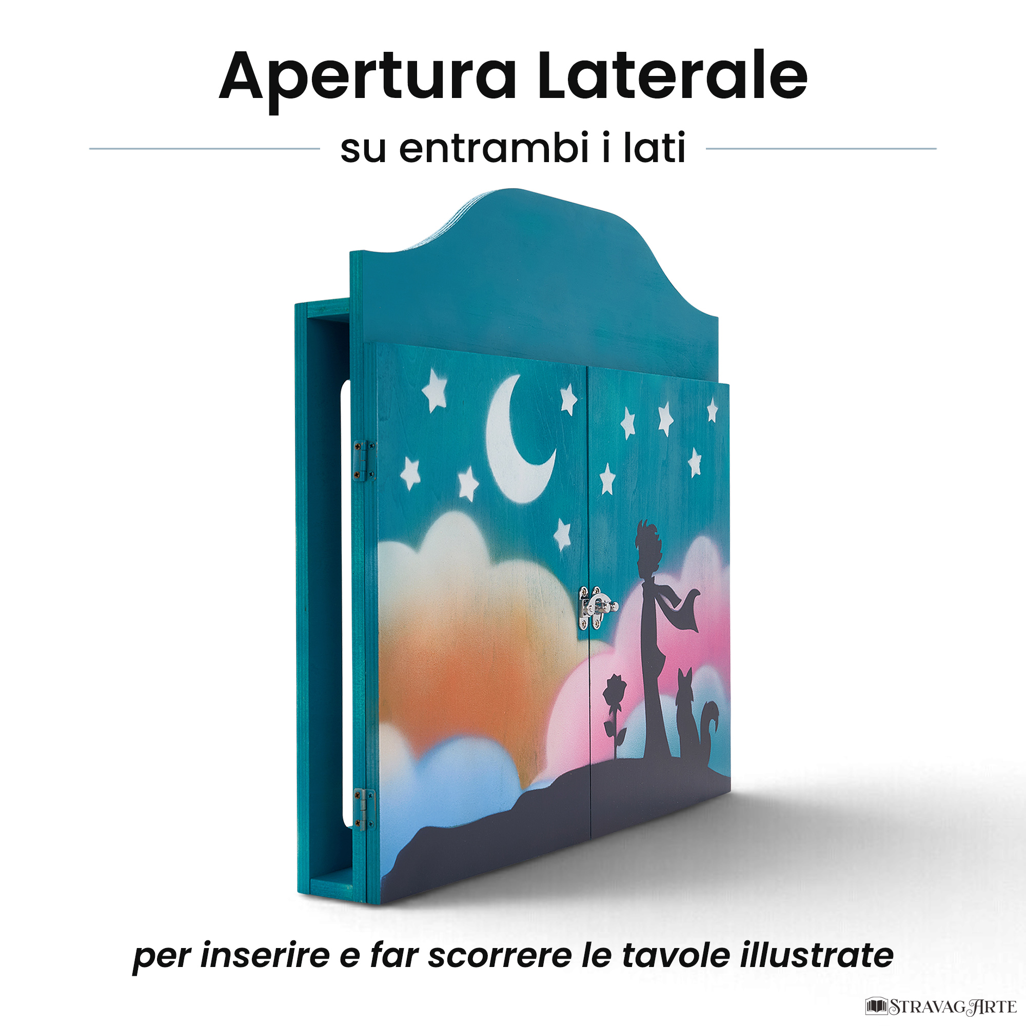 Teatrino kamishibai personalizzato A3 TU03 turchese tema bambino, rosa e volpe sotto le stelle con apertura laterale su entrambi i lati StravagArte