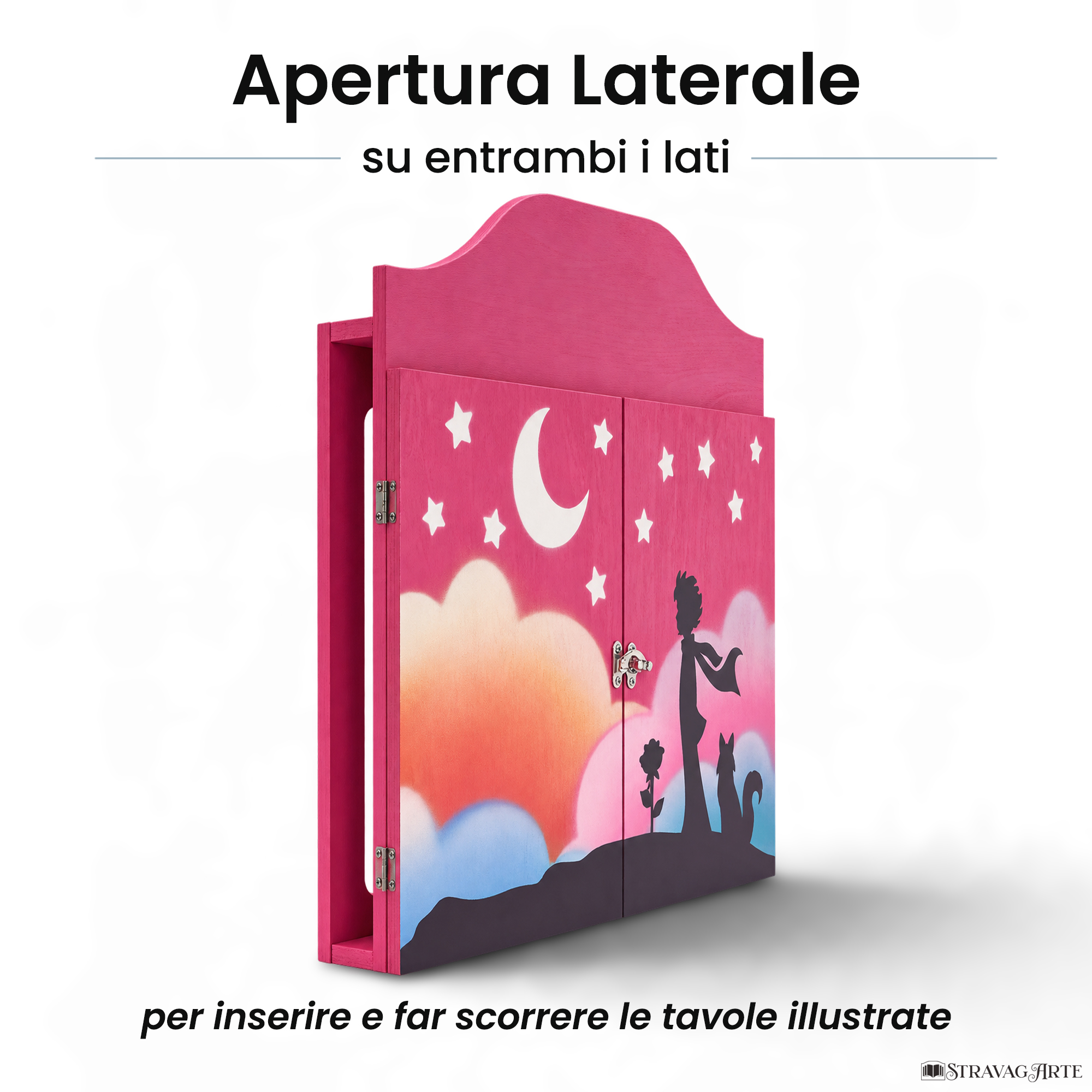 Teatrino kamishibai personalizzato A3 VE03 viola erika tema bambino, rosa e volpe sotto le stelle con apertura laterale su entrambi i lati StravagArte
