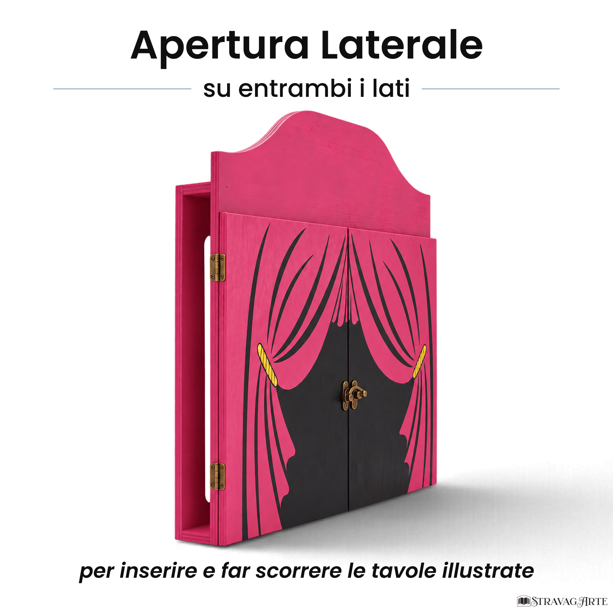 Teatrino kamishibai personalizzato A3 VE11 viola erika tema sipario con apertura laterale su entrambi i lati StravagArte