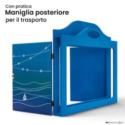 Teatrino kamishibai A3 personalizzato AZ01 azzurro tema mare, barchetta e stelle con maniglia posteriore in legno StravagArte