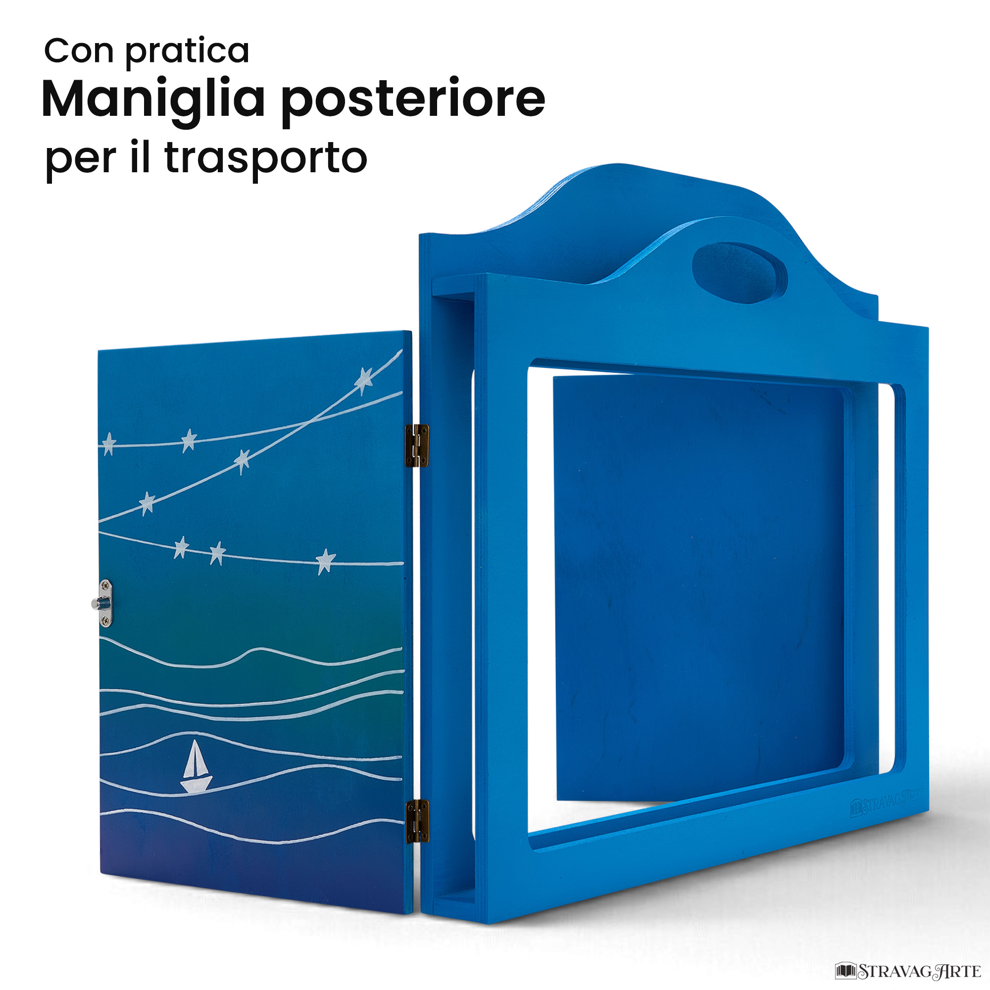 Teatrino kamishibai A3 personalizzato AZ01 azzurro tema mare, barchetta e stelle con maniglia posteriore in legno StravagArte