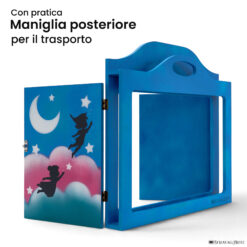 Teatrino kamishibai A3 personalizzato AZ02 azzurro tema bambini in volo con maniglia posteriore in legno StravagArte