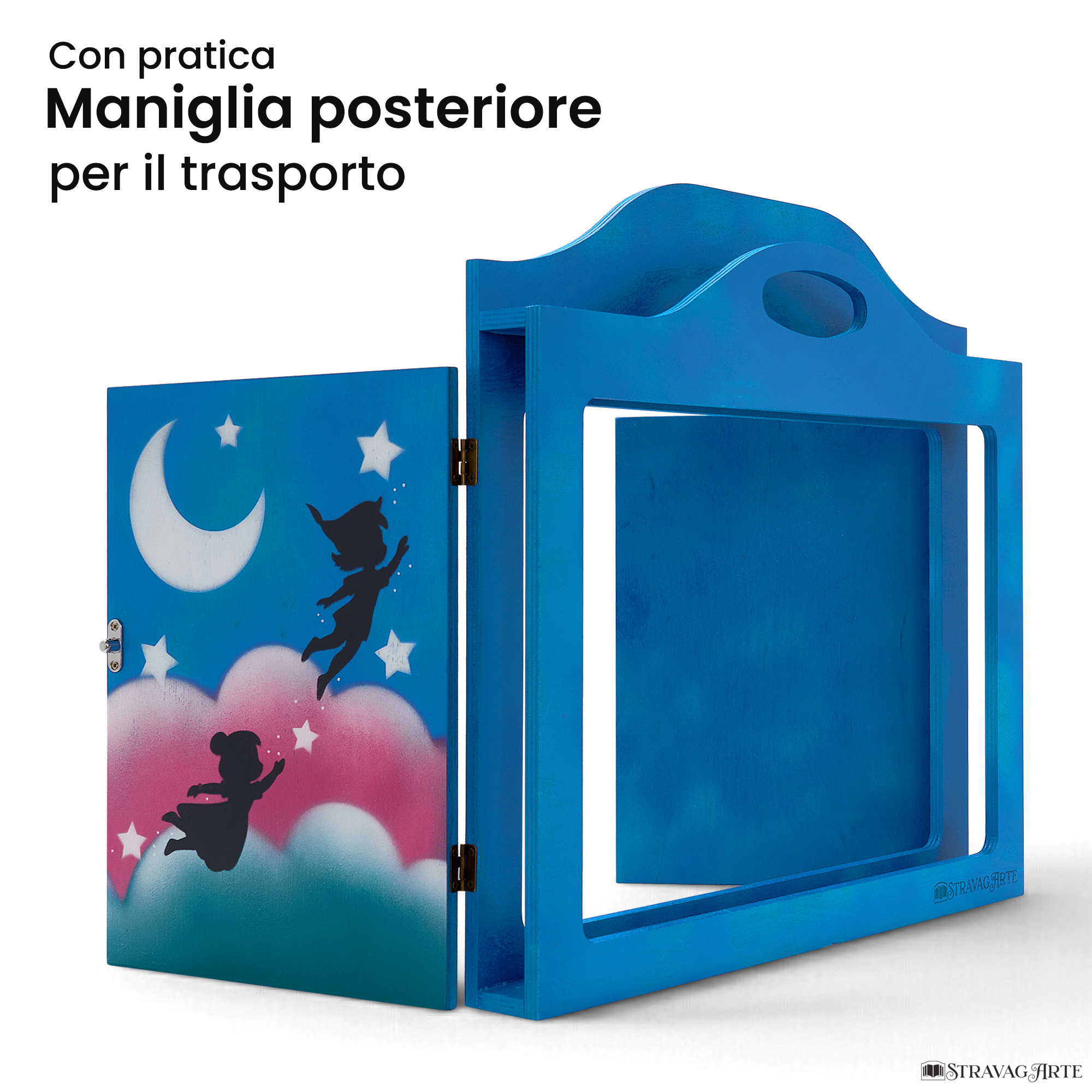 Teatrino kamishibai A3 personalizzato AZ02 azzurro tema bambini in volo con maniglia posteriore in legno StravagArte