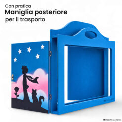 Teatrino kamishibai A3 personalizzato AZ03 azzurro tema bambino, rosa e volpe sotto le stelle con maniglia posteriore in legno StravagArte