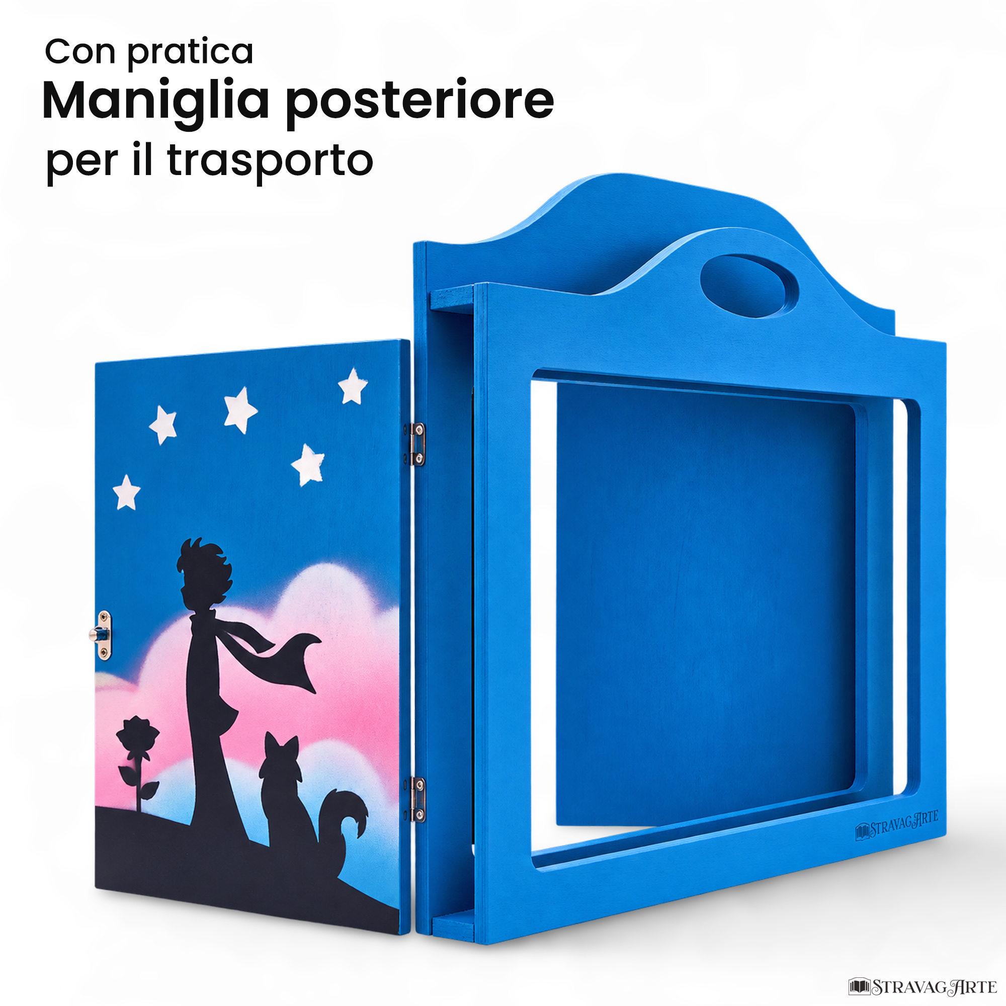 Teatrino kamishibai A3 personalizzato AZ03 azzurro tema bambino, rosa e volpe sotto le stelle con maniglia posteriore in legno StravagArte