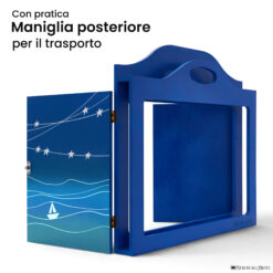 Teatrino kamishibai A3 personalizzato BC01 blu chiaro tema mare, barchetta e stelle con maniglia posteriore in legno StravagArte