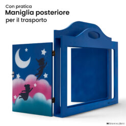 Teatrino kamishibai A3 personalizzato BC02 blu chiaro tema bambini in volo con maniglia posteriore in legno StravagArte
