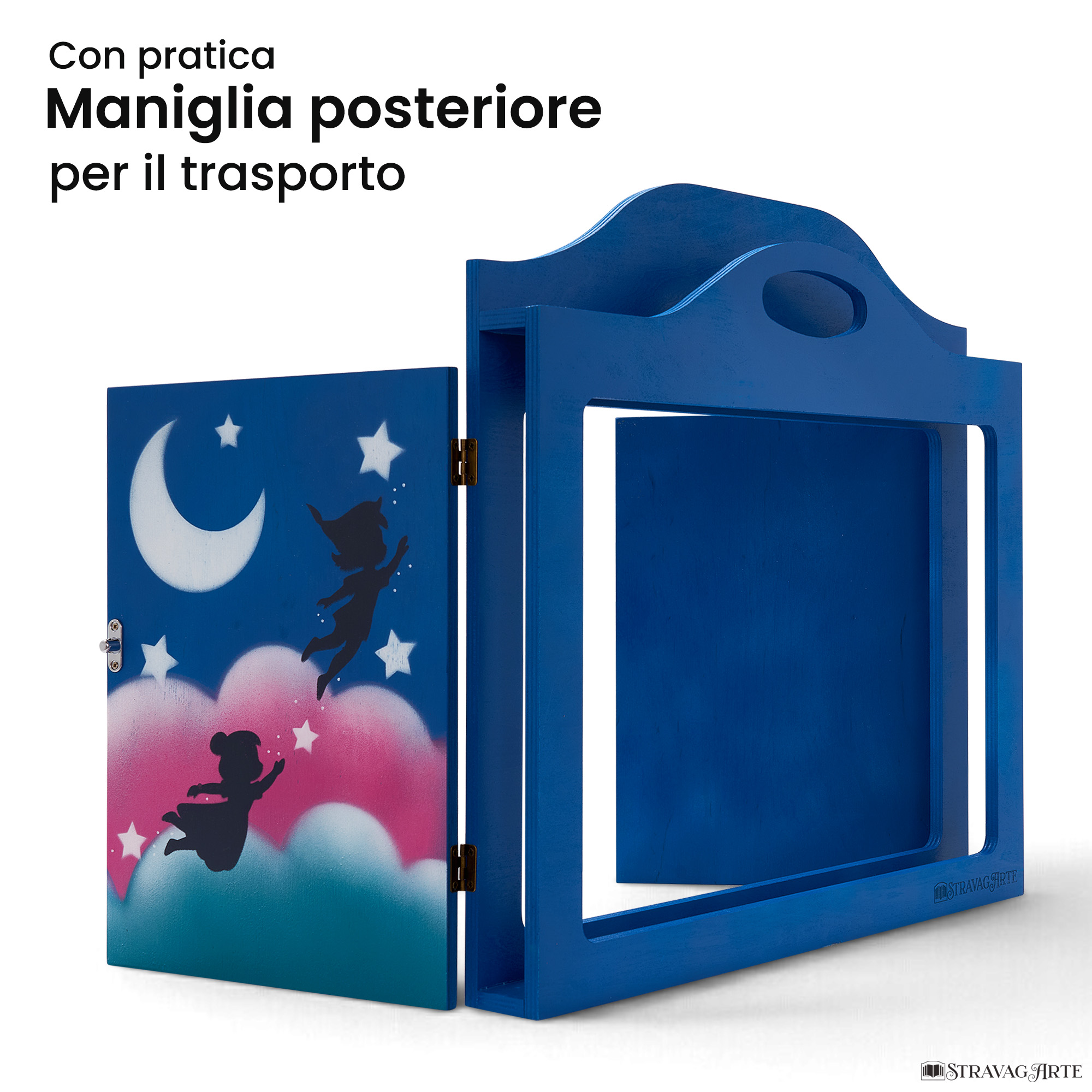 Teatrino kamishibai A3 personalizzato BC02 blu chiaro tema bambini in volo con maniglia posteriore in legno StravagArte