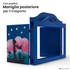 Teatrino kamishibai A3 personalizzato BC03 blu chiaro tema bambino, rosa e volpe sotto le stelle con maniglia posteriore in legno StravagArte