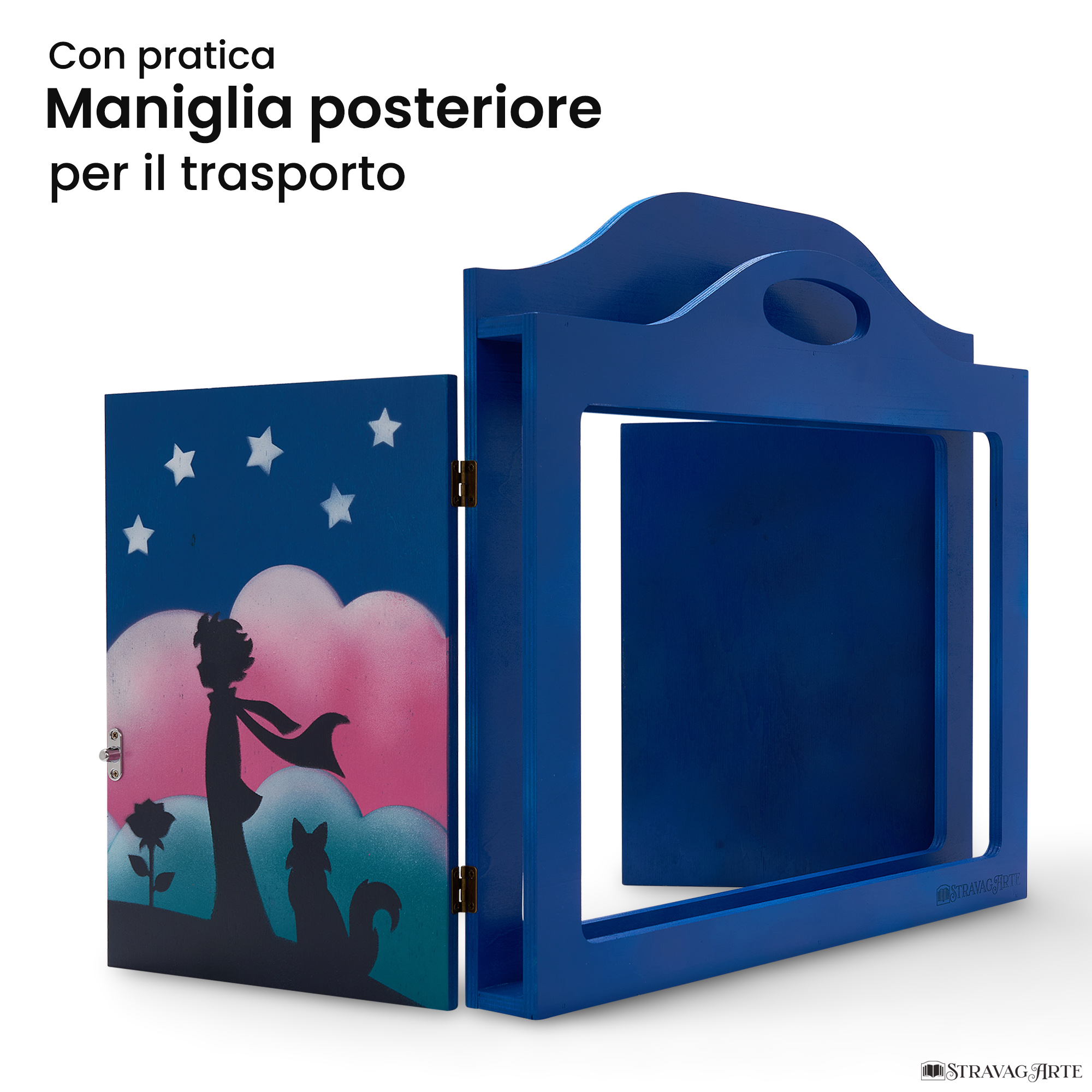 Teatrino kamishibai A3 personalizzato BC03 blu chiaro tema bambino, rosa e volpe sotto le stelle con maniglia posteriore in legno StravagArte