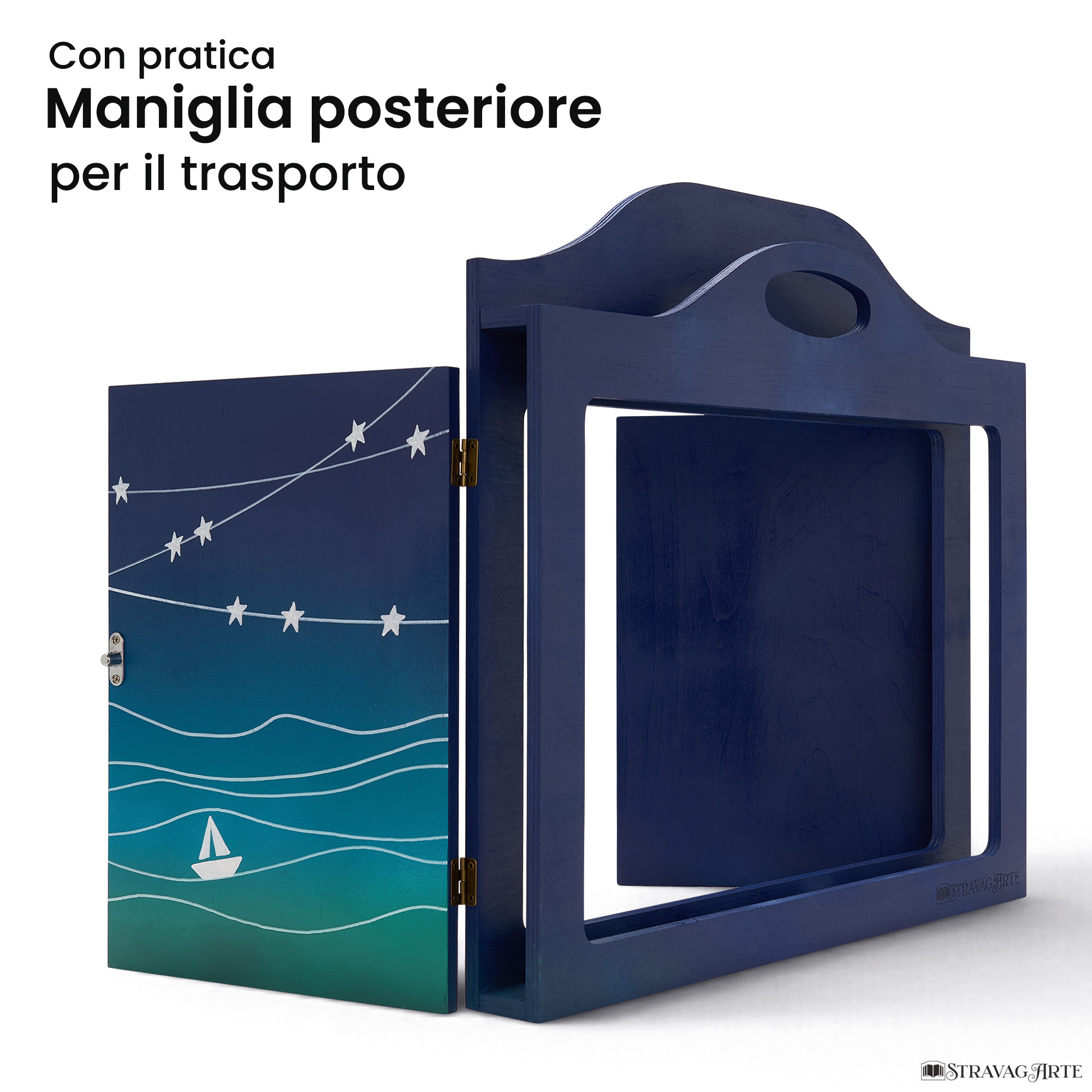 Teatrino kamishibai A3 personalizzato BS01 blu scuro tema mare, barchetta e stelle con maniglia posteriore in legno StravagArte