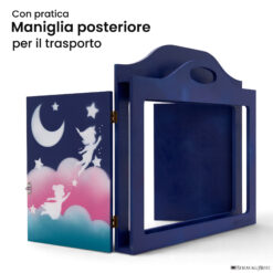 Teatrino kamishibai A3 personalizzato BS02 blu scuro tema bambini in volo con maniglia posteriore in legno StravagArte