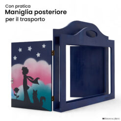Teatrino kamishibai A3 personalizzato BS03 blu scuro tema bambino, rosa e volpe sotto le stelle con maniglia posteriore in legno StravagArte