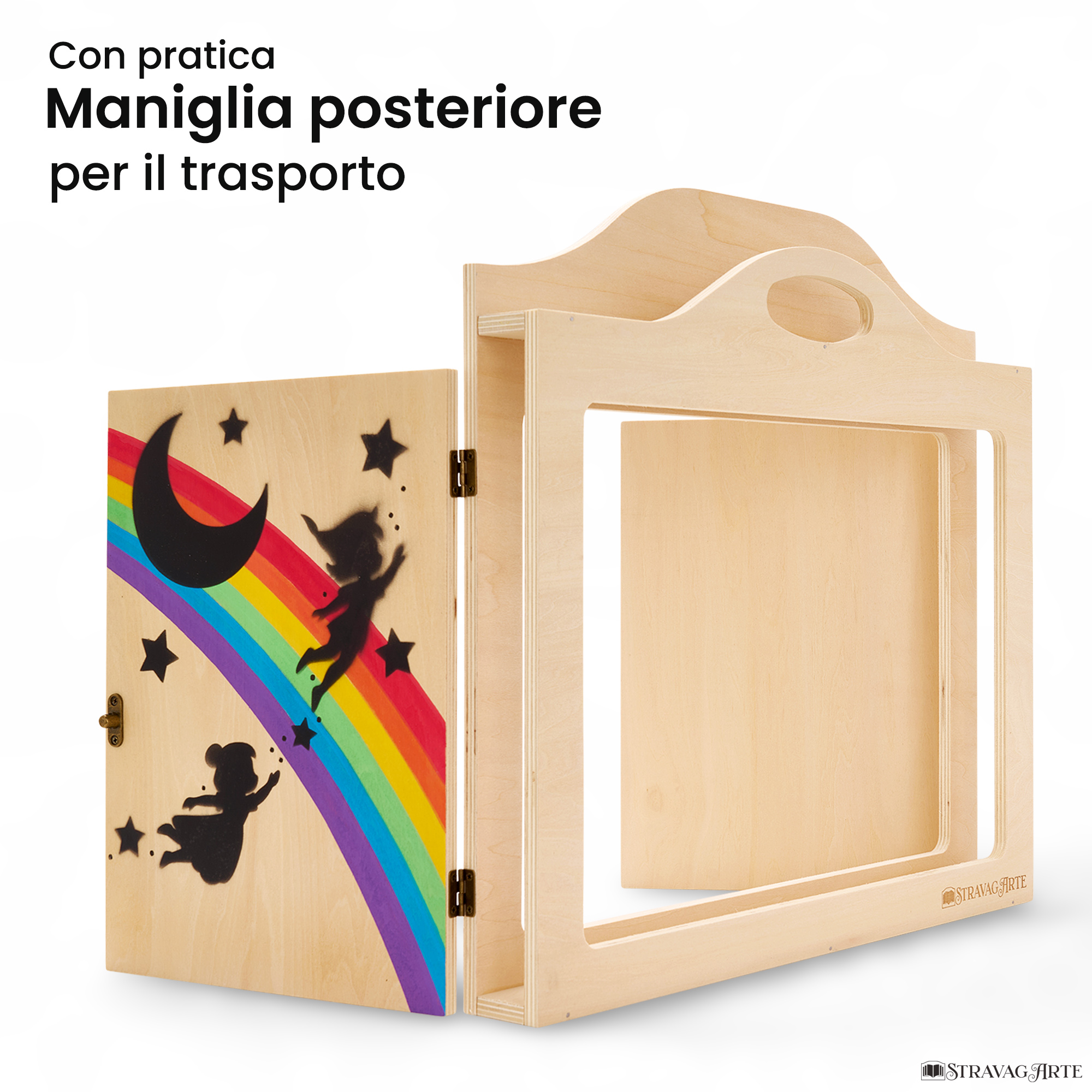 Teatrino kamishibai A3 personalizzato LN02 legno naturale tema bambini in volo con maniglia posteriore in legno StravagArte