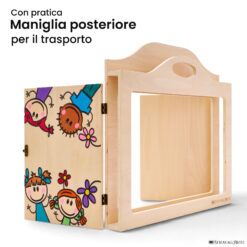 Teatrino kamishibai A3 personalizzato LN05 legno naturale tema bambini sopra e sotto con maniglia posteriore in legno StravagArte