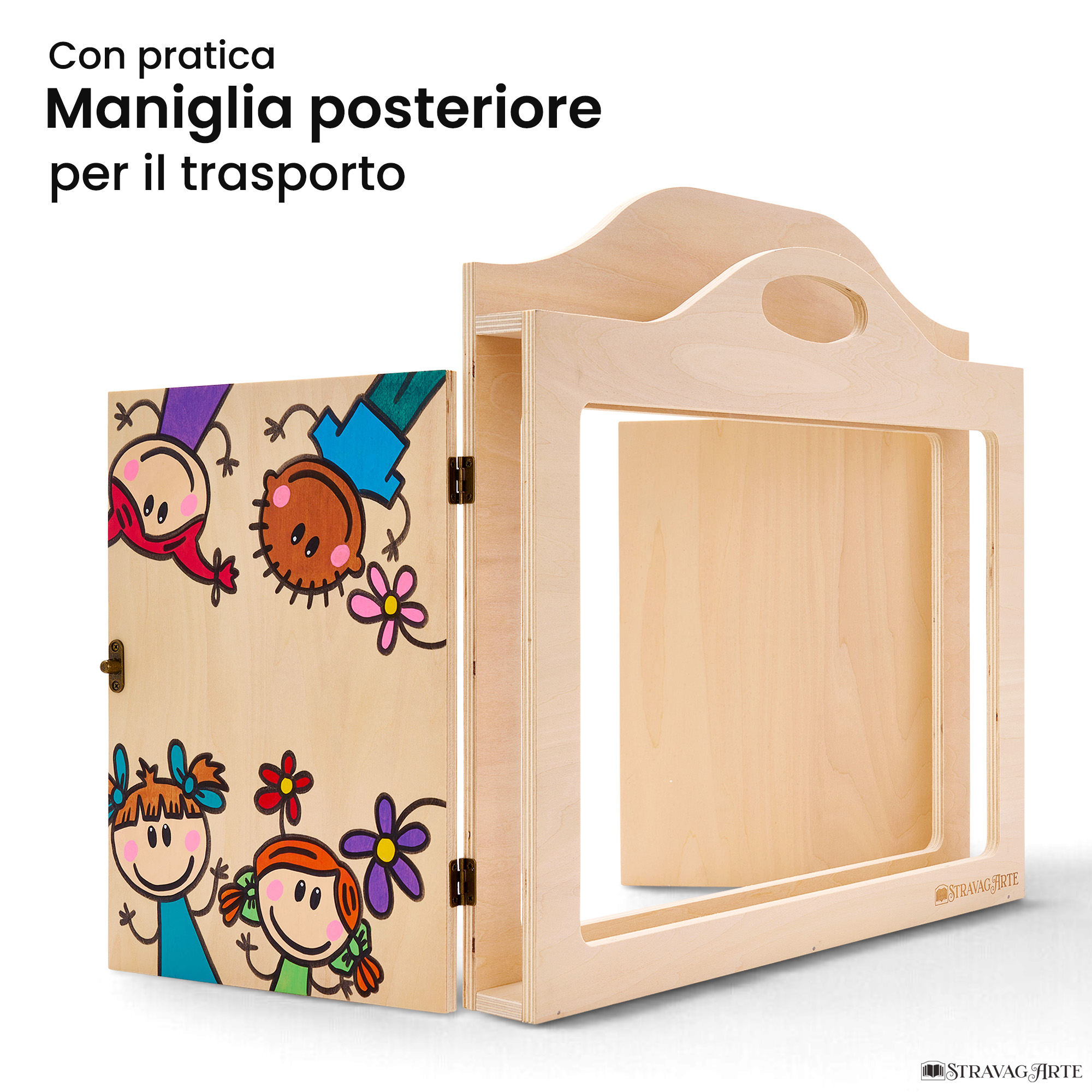 Teatrino kamishibai A3 personalizzato LN05 legno naturale tema bambini sopra e sotto con maniglia posteriore in legno StravagArte