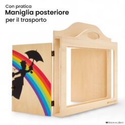 Teatrino kamishibai A3 personalizzato LN06 legno naturale tema maestra con ombrello in volo con maniglia posteriore in legno StravagArte
