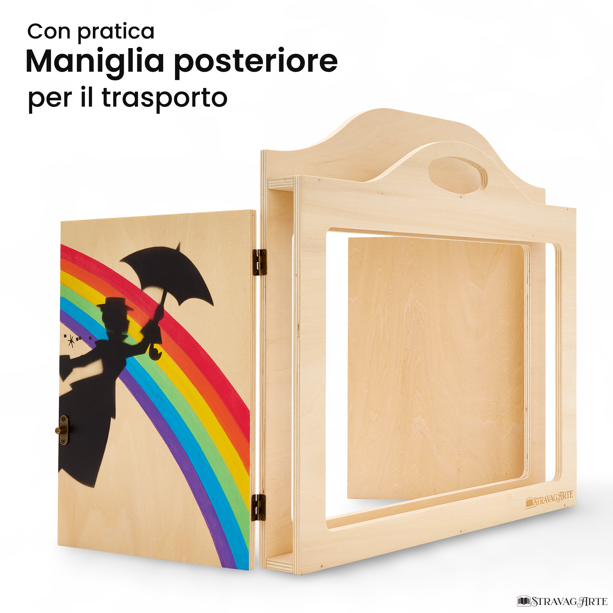 Teatrino kamishibai A3 personalizzato LN06 legno naturale tema maestra con ombrello in volo con maniglia posteriore in legno StravagArte