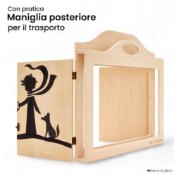 Teatrino kamishibai A3 personalizzato LN07 legno naturale tema bambino che annaffia la rosa con volpe con maniglia posteriore in legno StravagArte