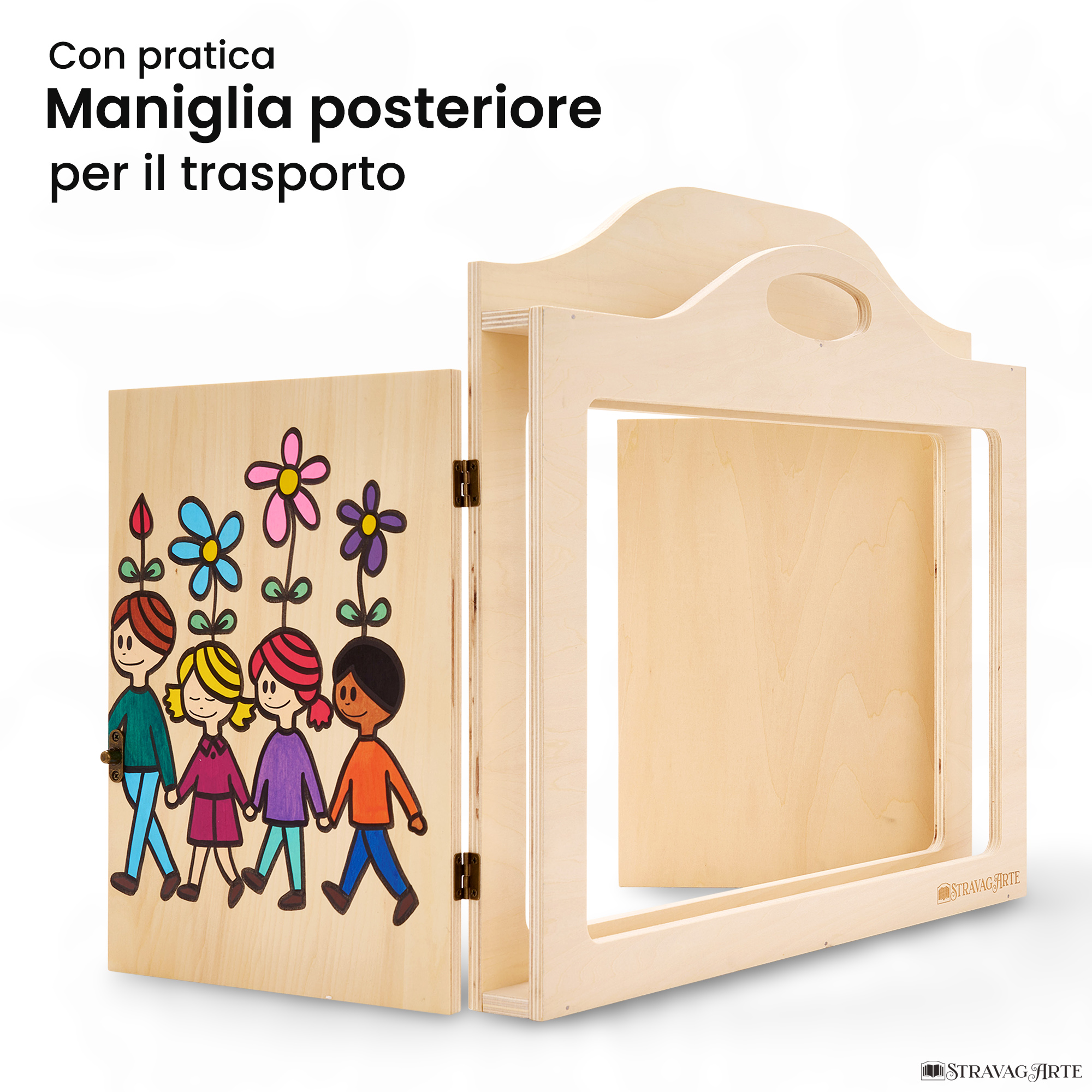 Teatrino kamishibai A3 personalizzato LN08 legno naturale tema maestra che annaffia i bambini con maniglia posteriore in legno StravagArte