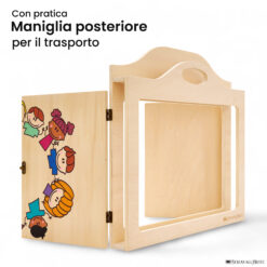 Teatrino kamishibai A3 personalizzato LN09 legno naturale tema bambini in cerchio con maniglia posteriore in legno StravagArte