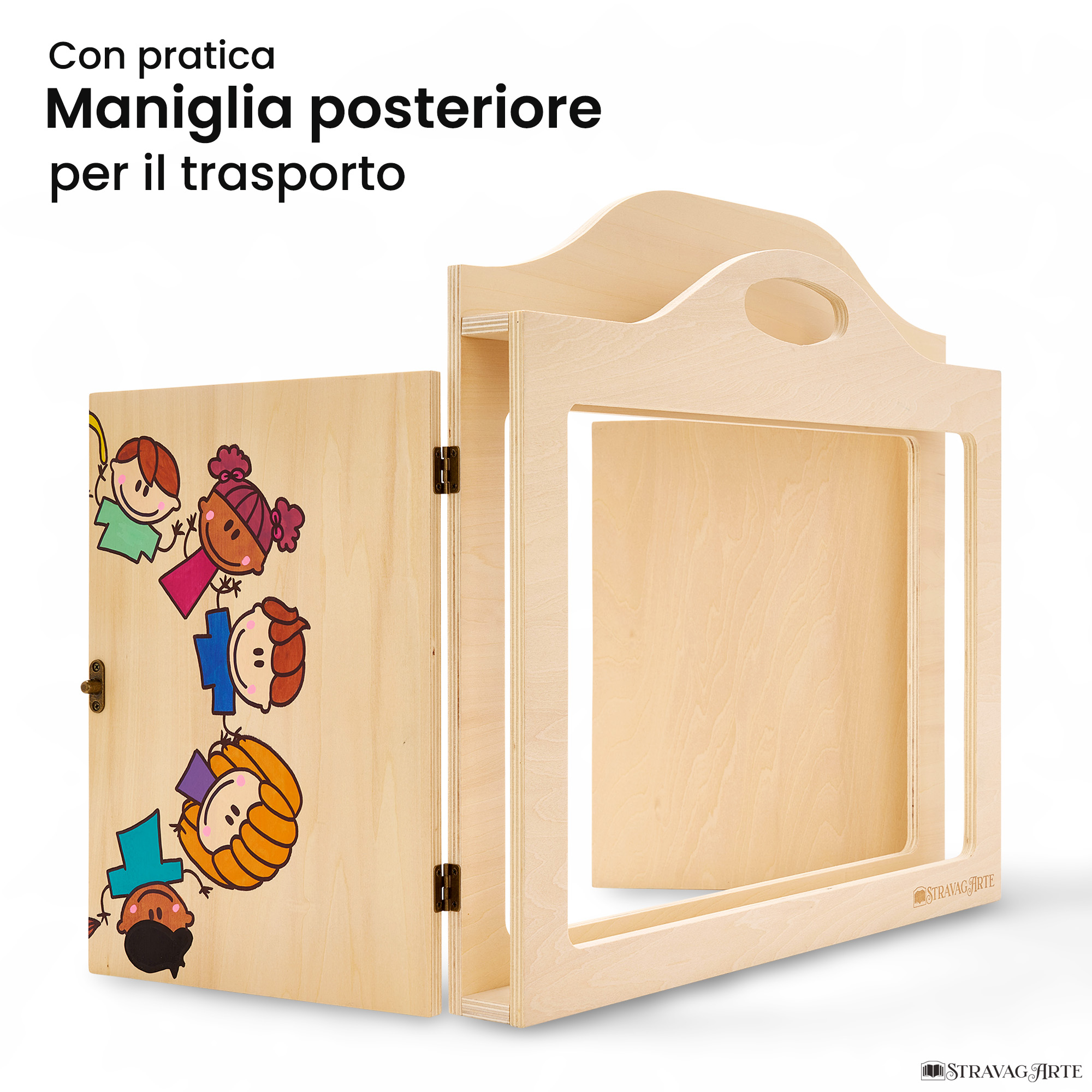 Teatrino kamishibai A3 personalizzato LN09 legno naturale tema bambini in cerchio con maniglia posteriore in legno StravagArte