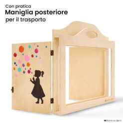 Teatrino kamishibai A3 personalizzato LN15 legno naturale tema bambini che soffiano bolle colorate con maniglia posteriore in legno StravagArte