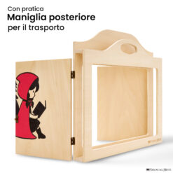 Teatrino kamishibai A3 personalizzato LN16 legno naturale tema lupo e cappuccetto rosso che leggono un libro con maniglia posteriore in legno StravagArte