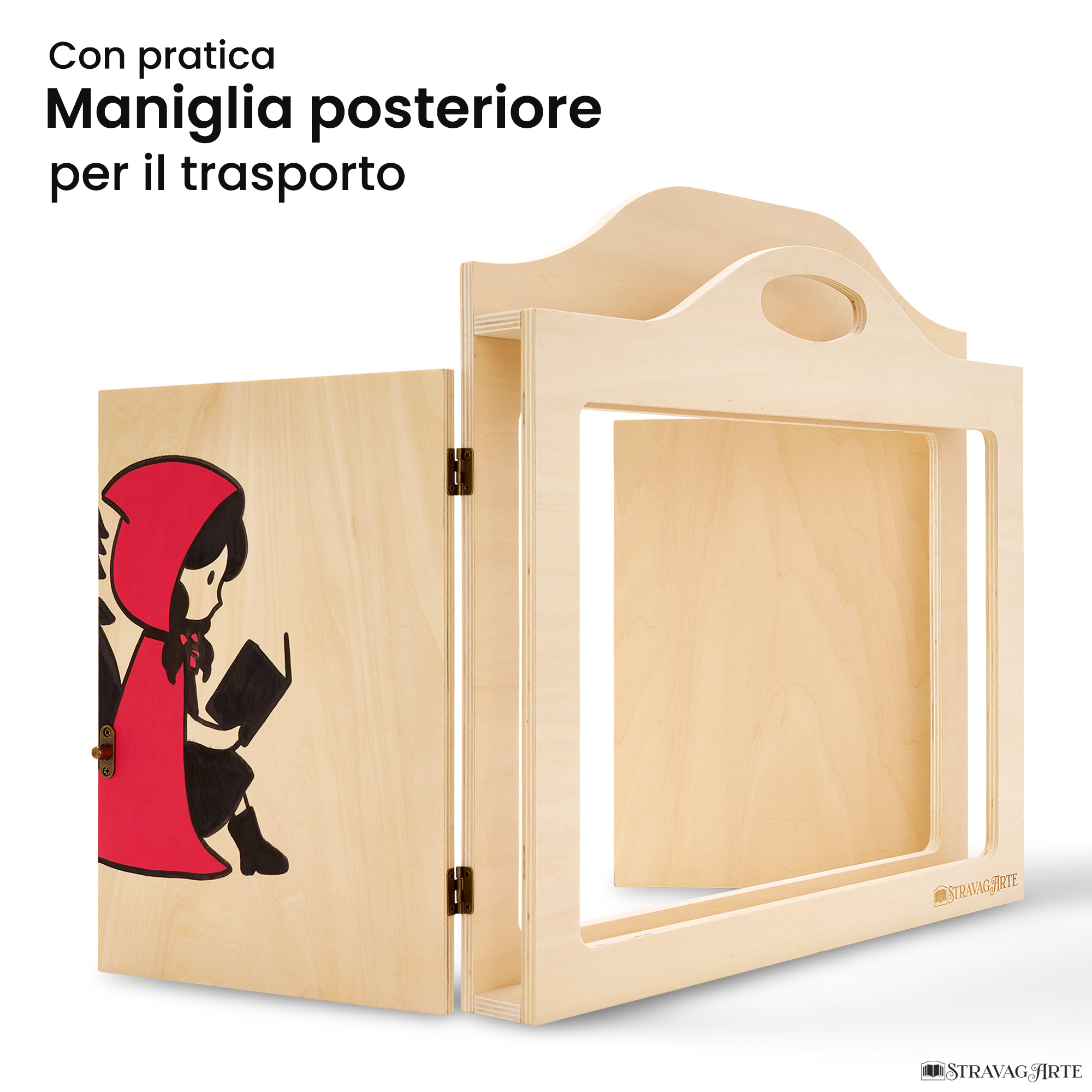 Teatrino kamishibai A3 personalizzato LN16 legno naturale tema lupo e cappuccetto rosso che leggono un libro con maniglia posteriore in legno StravagArte