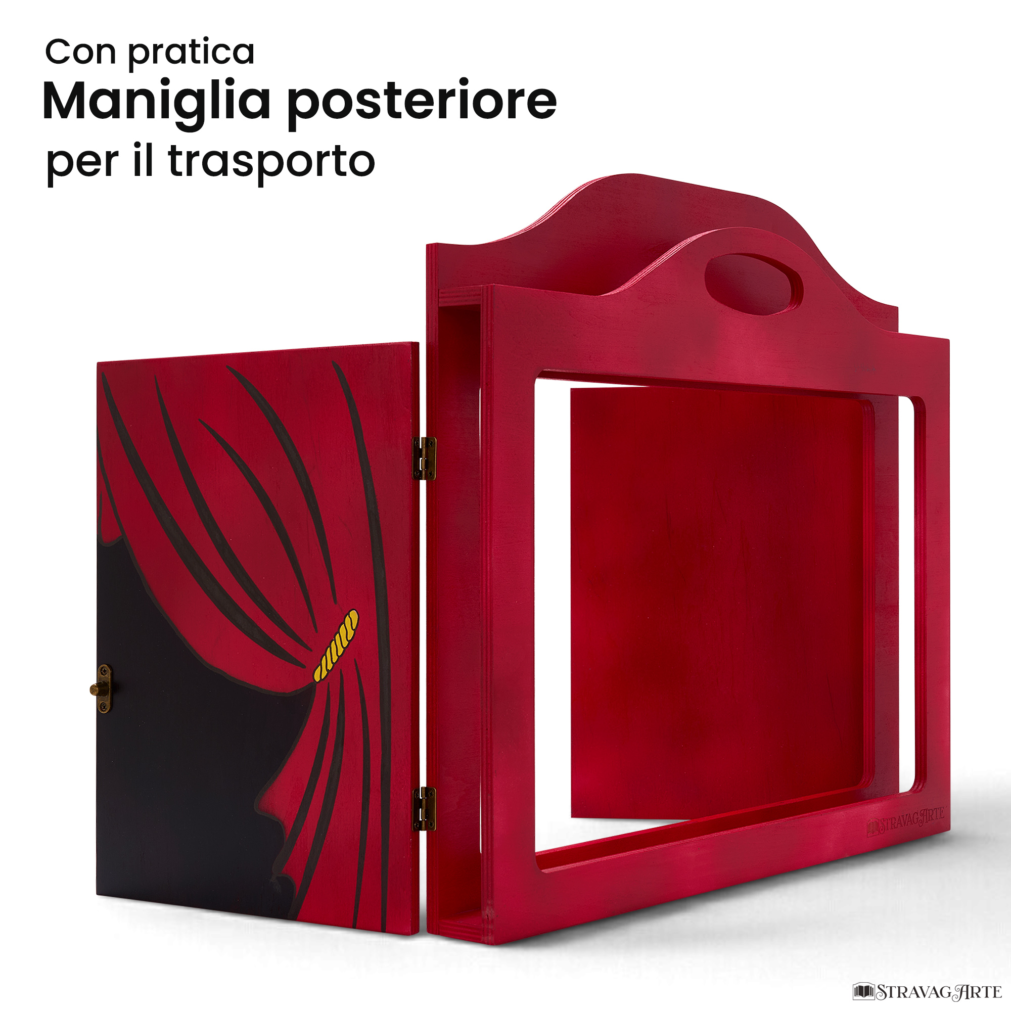 Teatrino kamishibai A3 personalizzato RR11 rosso rubino tema sipario con maniglia posteriore in legno StravagArte