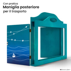 Teatrino kamishibai A3 personalizzato TU01 turchese tema mare, barchetta e stelle con maniglia posteriore in legno StravagArte