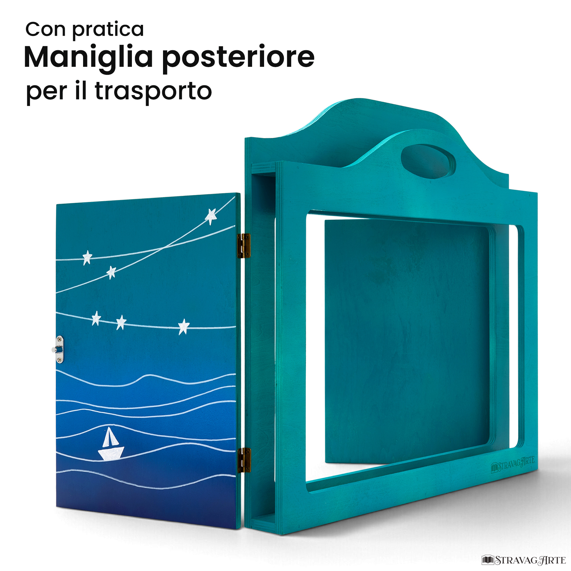 Teatrino kamishibai A3 personalizzato TU01 turchese tema mare, barchetta e stelle con maniglia posteriore in legno StravagArte