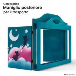 Teatrino kamishibai A3 personalizzato TU02 turchese tema bambini in volo con maniglia posteriore in legno StravagArte