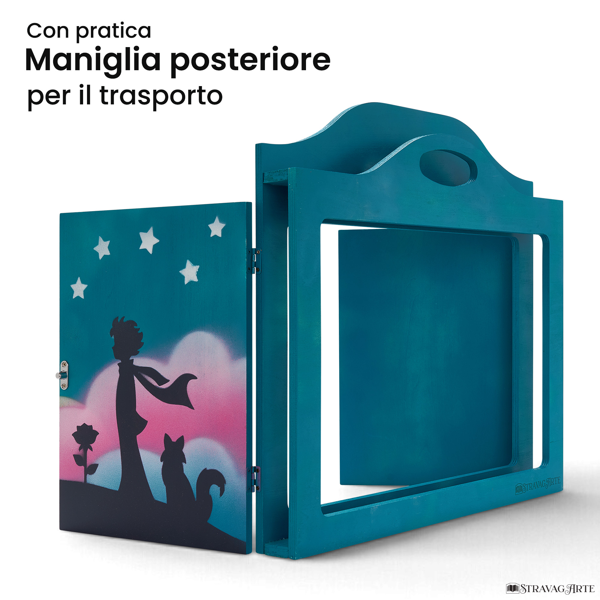 Teatrino kamishibai A3 personalizzato TU03 turchese tema bambino, rosa e volpe sotto le stelle con maniglia posteriore in legno StravagArte