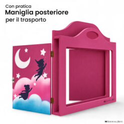 Teatrino kamishibai A3 personalizzato VE02 viola erika tema bambini in volo con maniglia posteriore in legno StravagArte