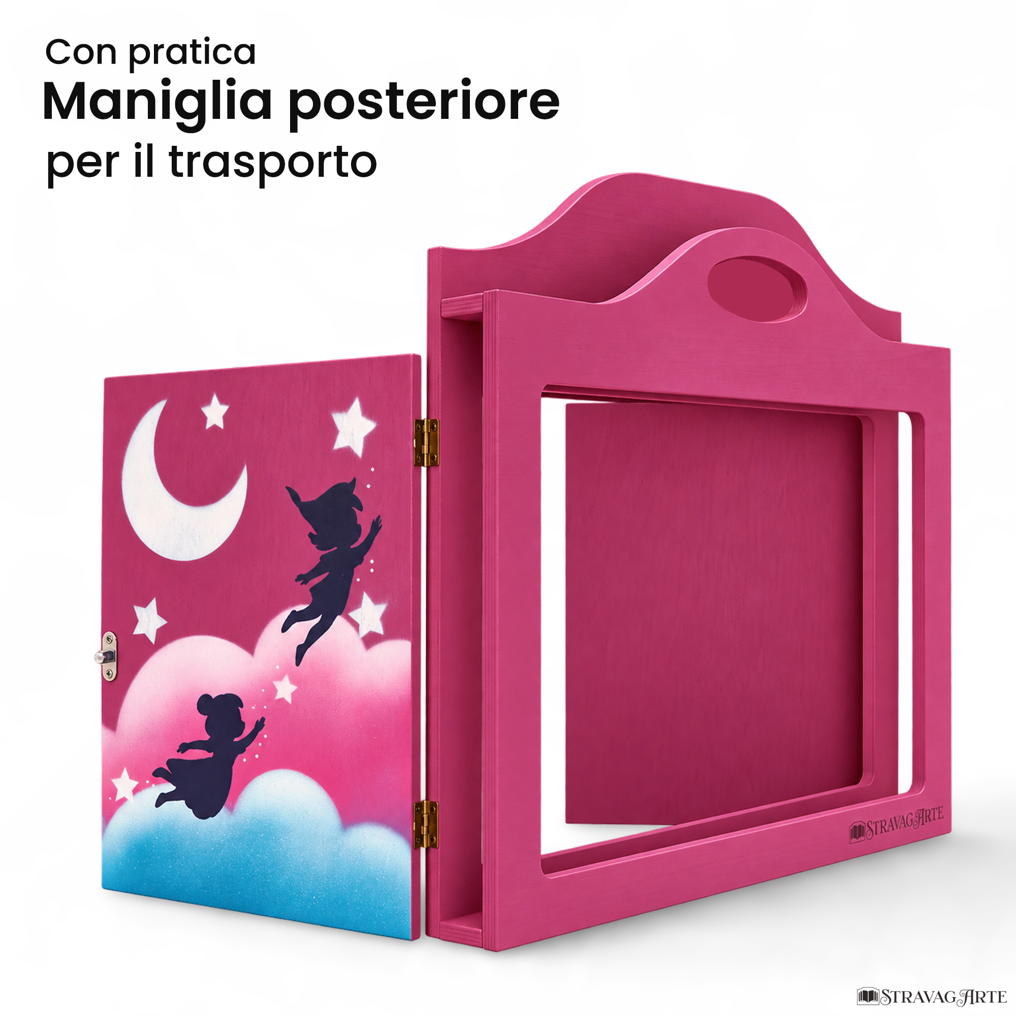 Teatrino kamishibai A3 personalizzato VE02 viola erika tema bambini in volo con maniglia posteriore in legno StravagArte